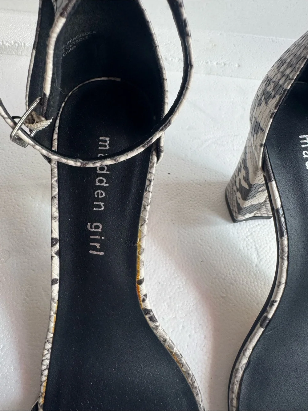 Madden Girl Snake-Print Ankle Strap Block Heels - White/Black